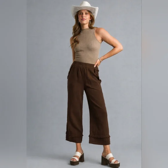 Umgee Chocolate Wide-Leg Pants Sz M, L - Picture 2 of 4